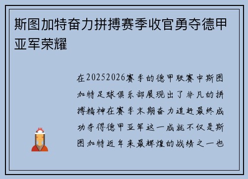 斯图加特奋力拼搏赛季收官勇夺德甲亚军荣耀